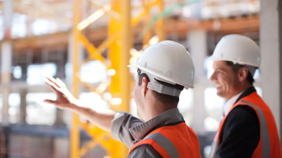 Two construction professionals wearing hard hats and safety vests reviewing a project inside a building site in Waterloo, Ontario