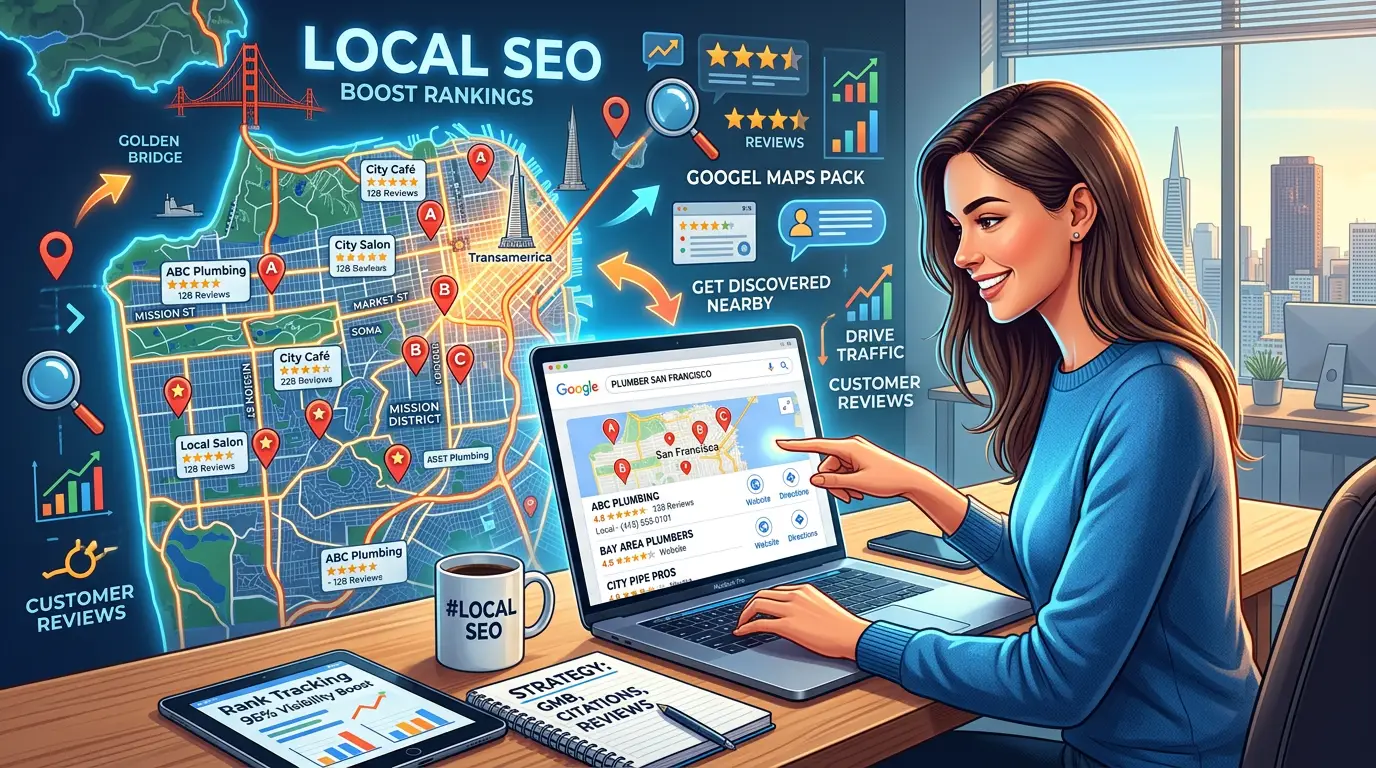 Woman using laptop to search local business listings and SEO data