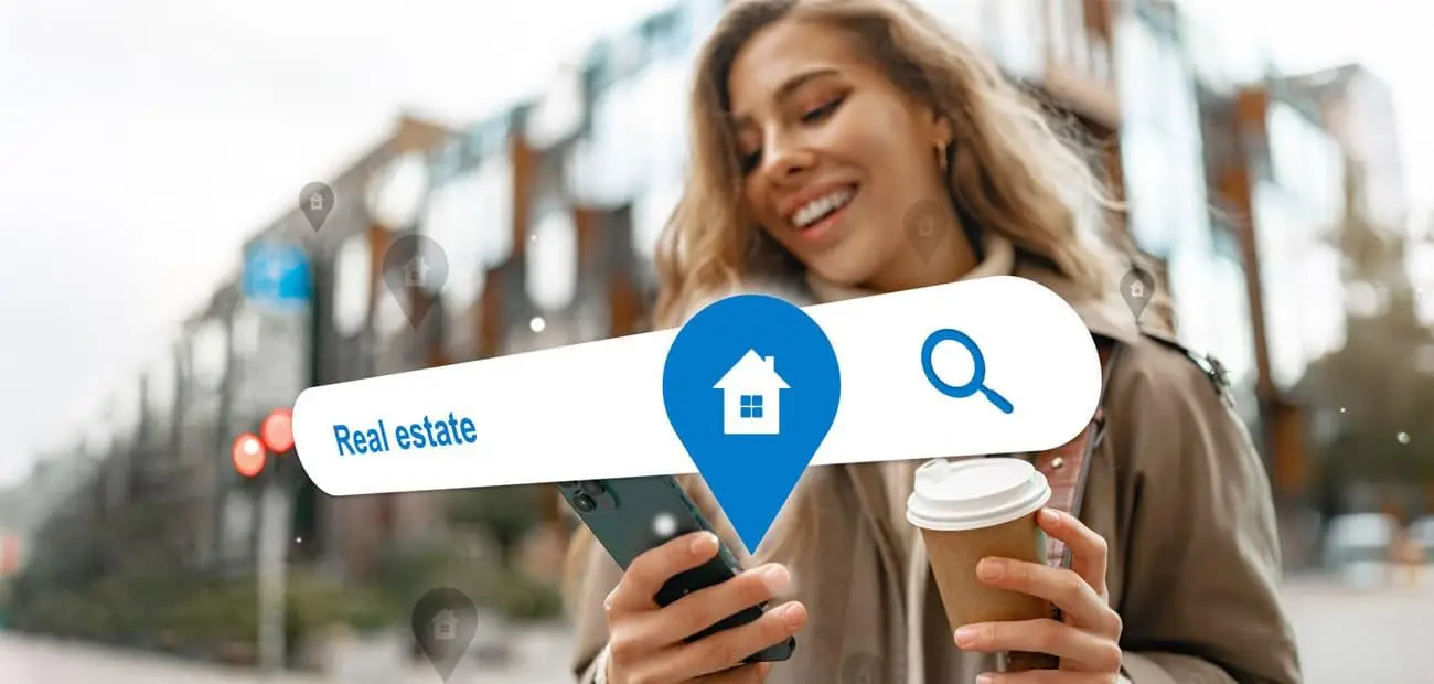 Homeowner using a smartphone outside a house while searching for a local Ontario service business on Google.